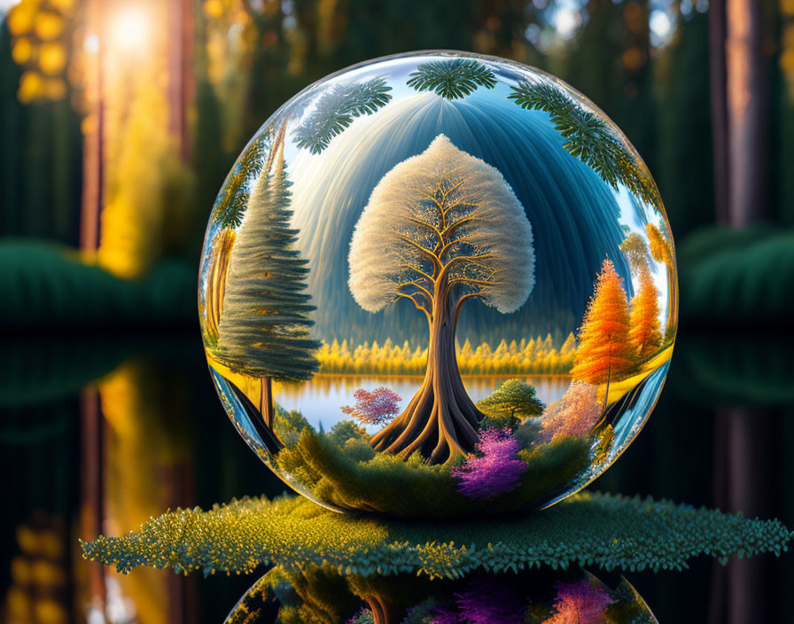 Inverted vibrant tree reflected in crystal ball in serene forest setting