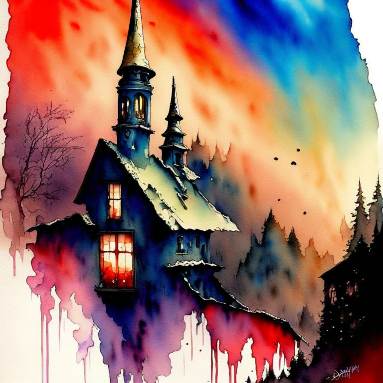 Whimsical house illustration against vibrant sunset sky