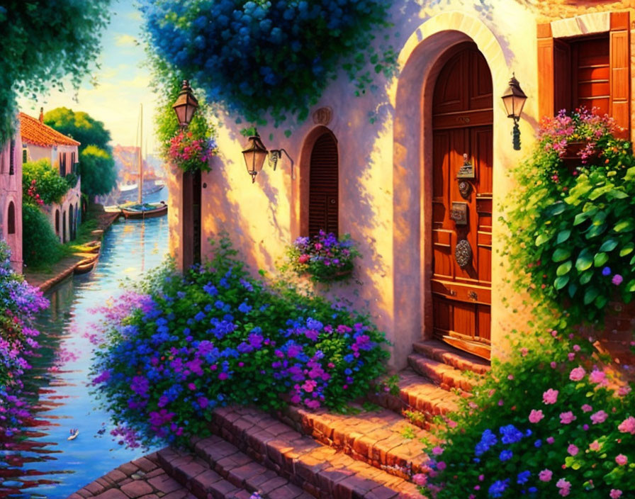 Serene canal painting with flowers, stone pathway, and charming buildings