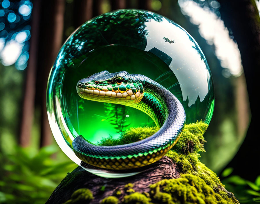 Snake curled in green orb on mossy surface with forest background