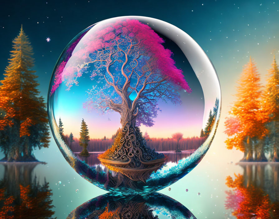 Vibrant tree in transparent sphere reflecting surreal landscape