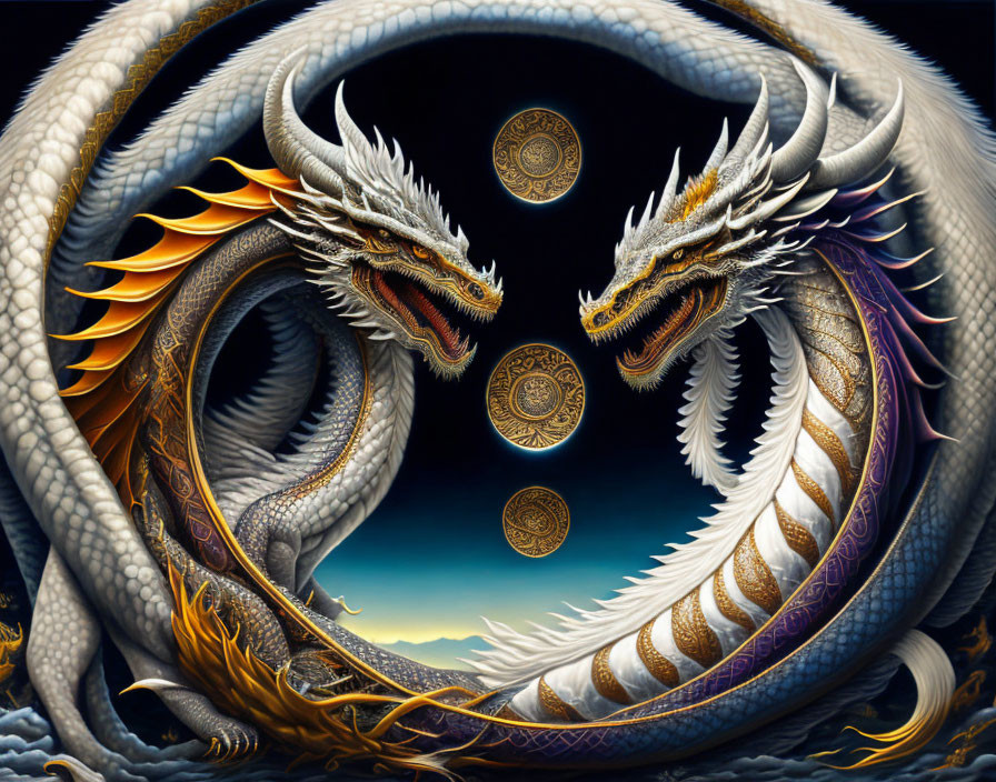Intricately designed dragon artwork with golden coins on cloudy landscape