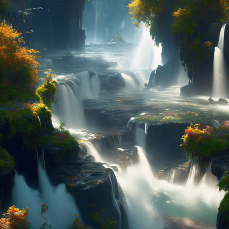 Tranquil Waterfalls in Sunlit Misty Landscape