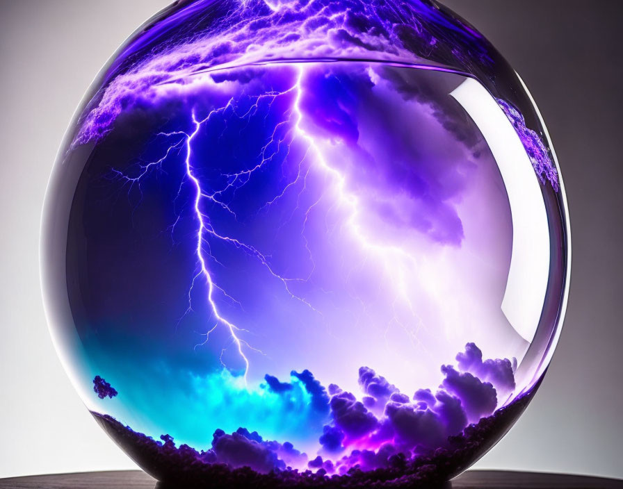 Vivid purple lightning in plasma ball with dark clouds on light-dark background