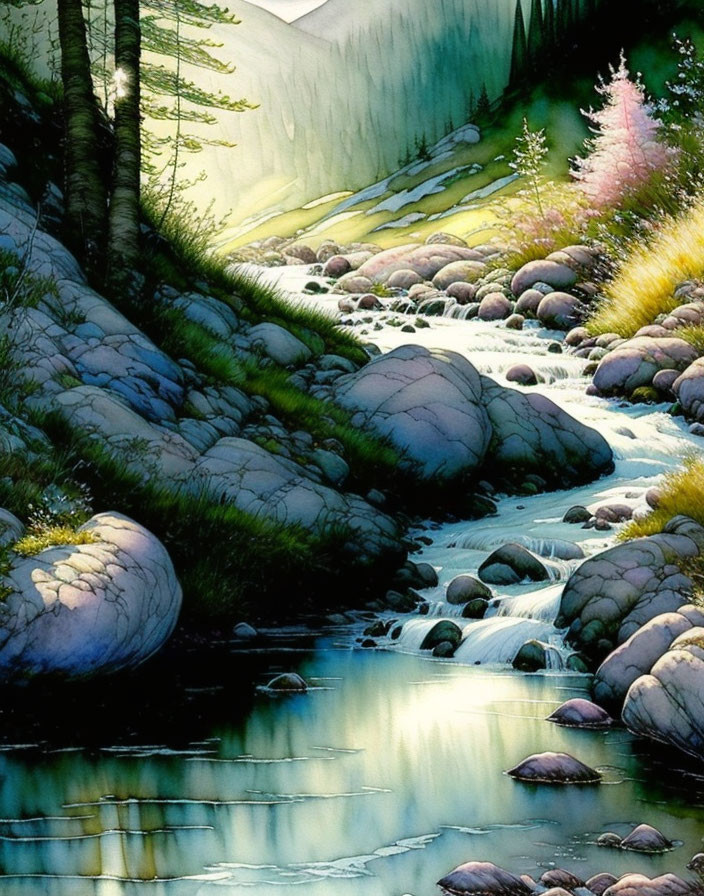 Tranquil forest stream with rocks, greenery, and sunlight
