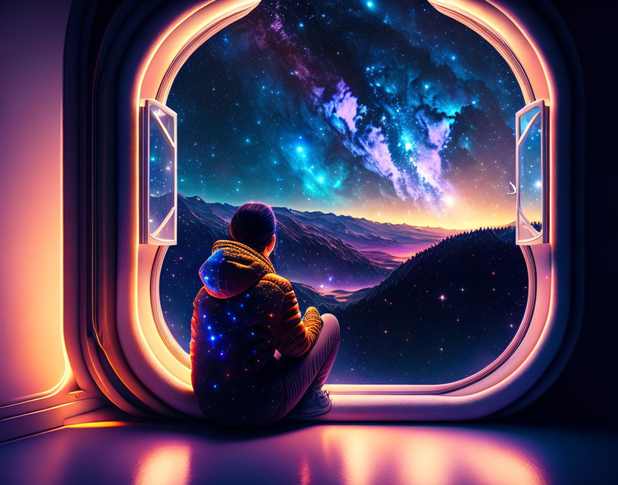 Individual gazes at starlit sky and mountains from spaceship window