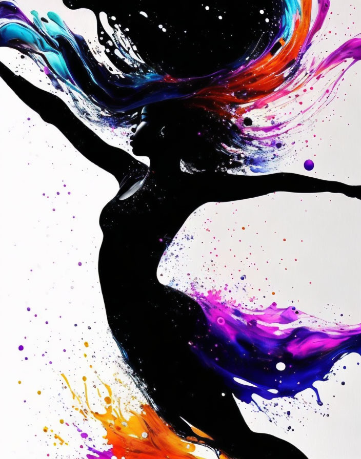 Abstract silhouette surrounded by vibrant multicolored paint splashes