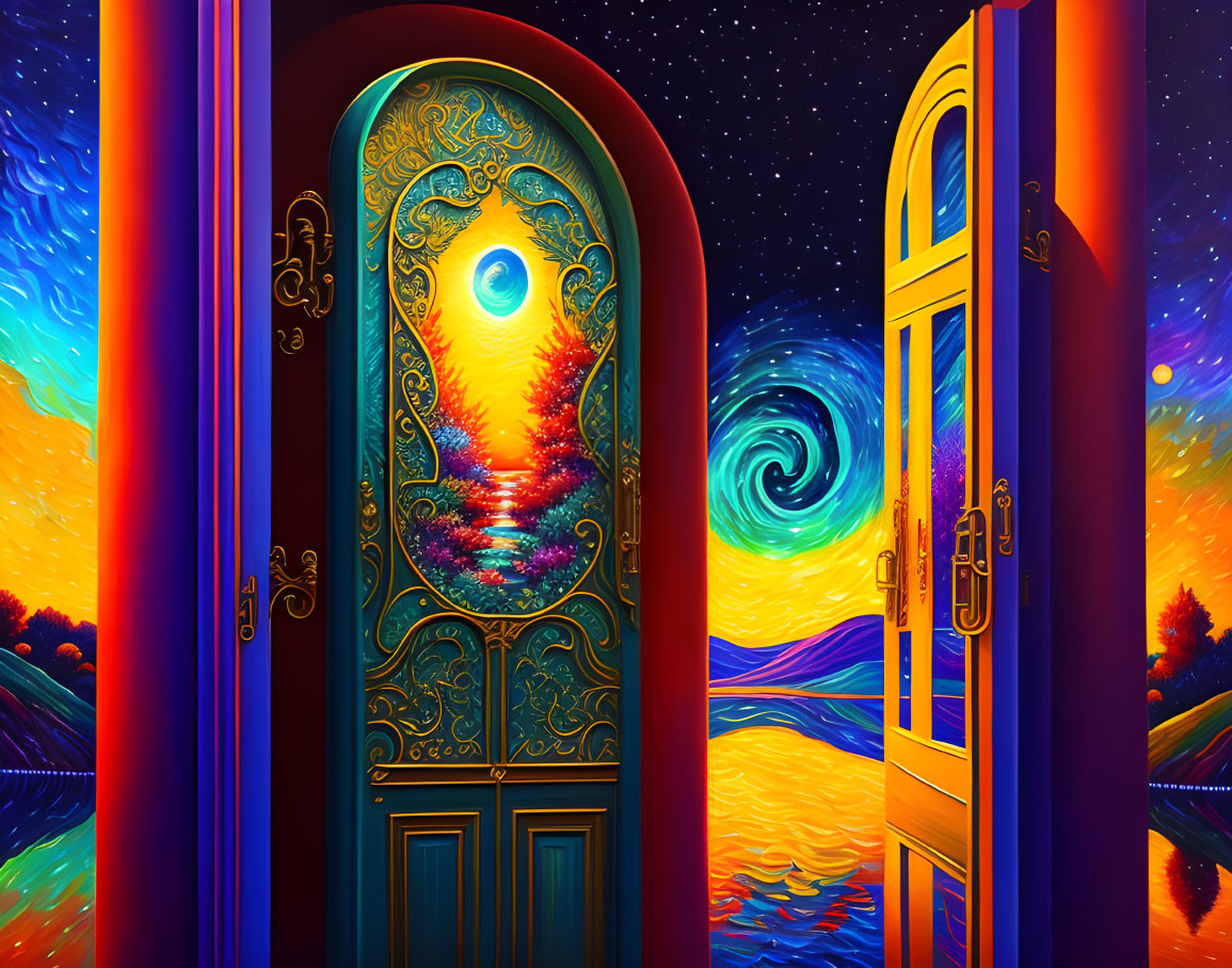 Ornate doors reveal cosmic and starry landscapes