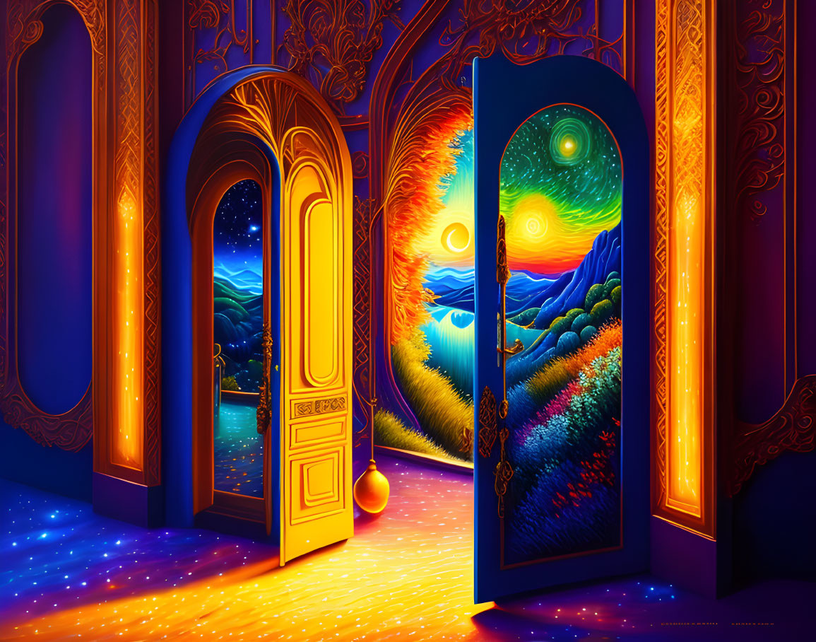 Colorful artwork: Two open doors reveal contrasting night and day landscapes