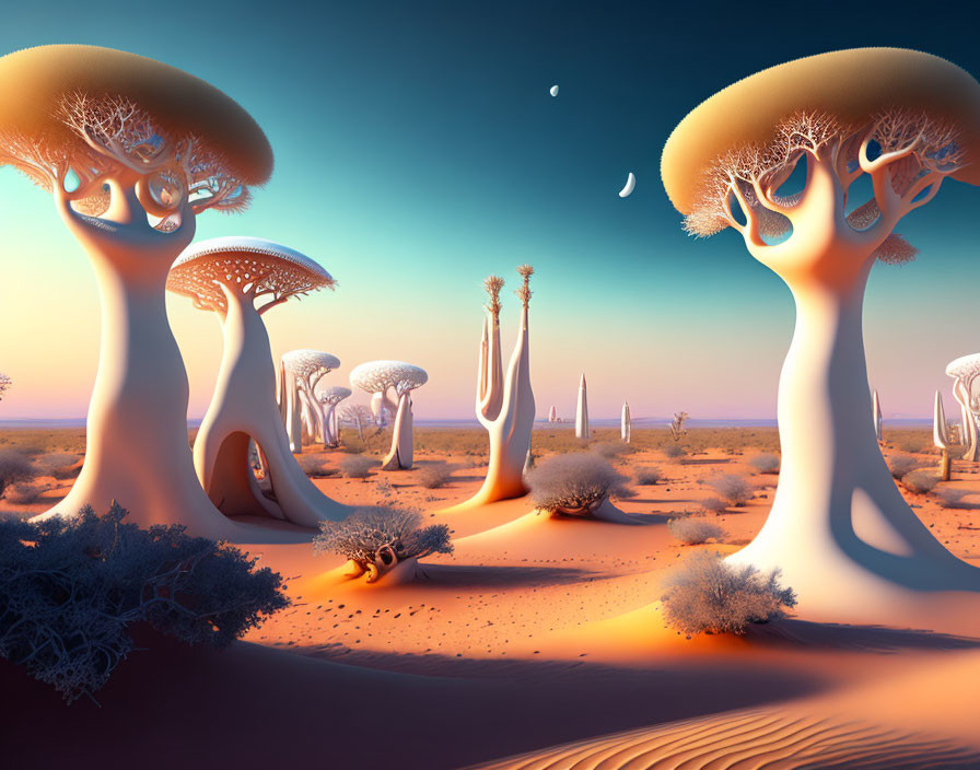 Surreal desert landscape with mushroom-like trees and crescent moon