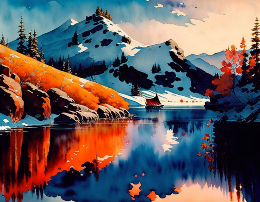 Colorful autumn mountain landscape with lake reflection and sailboat