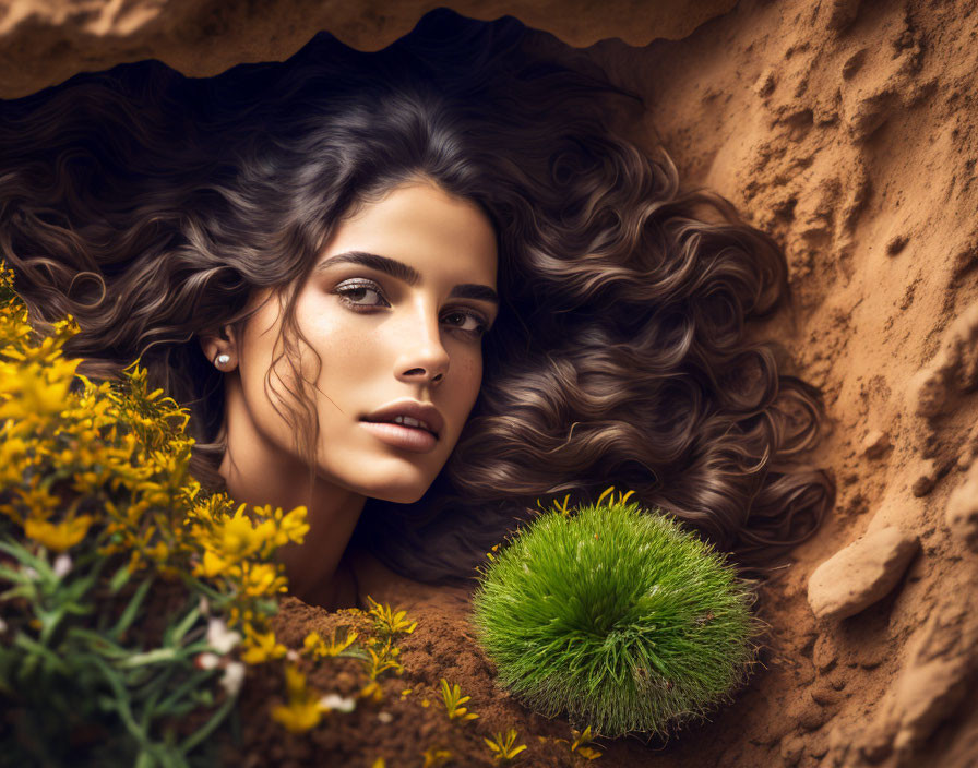 Curly-Haired Woman Resting on Sand with Flowers and Plant