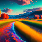 Scenic landscape with golden fields, blue stream, orange trees, small houses, purple mountains, and