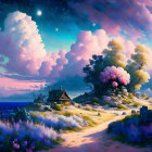 Vibrant surreal landscape with planet, mountains, trees, and lake