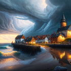 Enchanting coastal village at dusk with glowing buildings and starry sky