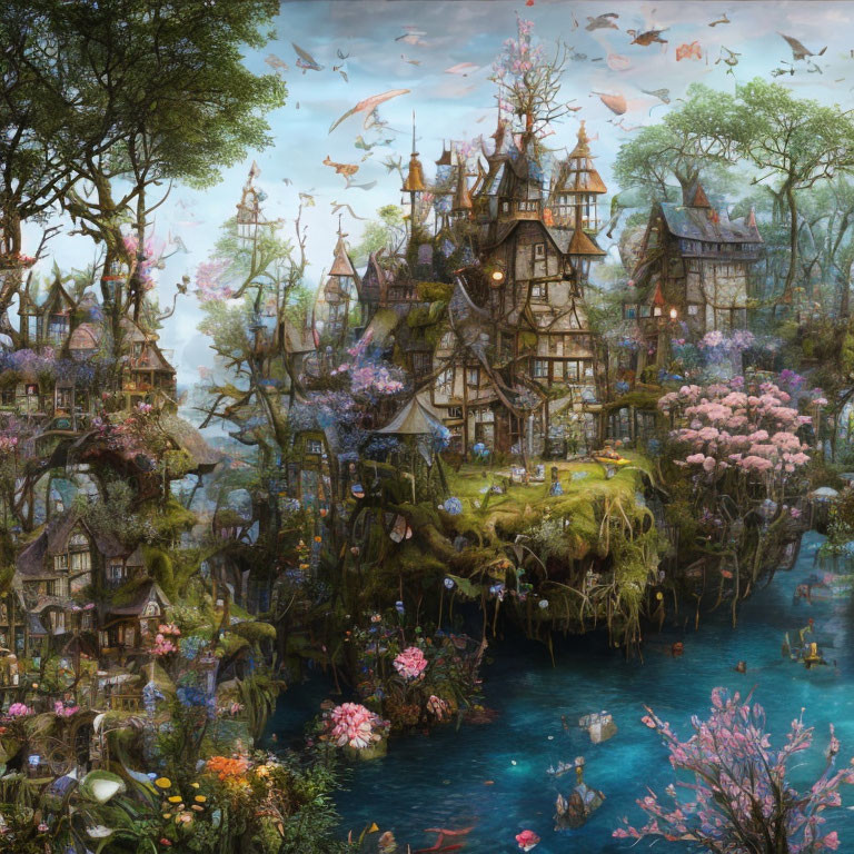 Whimsical fantasy village on lush, tree-covered islands
