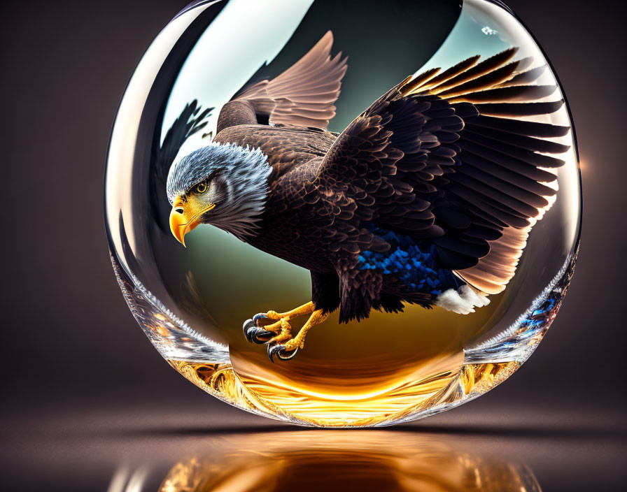 Eagle in Flight Encased in Transparent Sphere on Dark Background