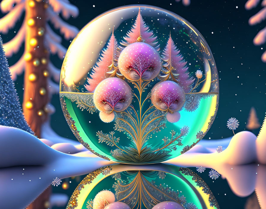 Transparent sphere with fractal trees in wintry landscape