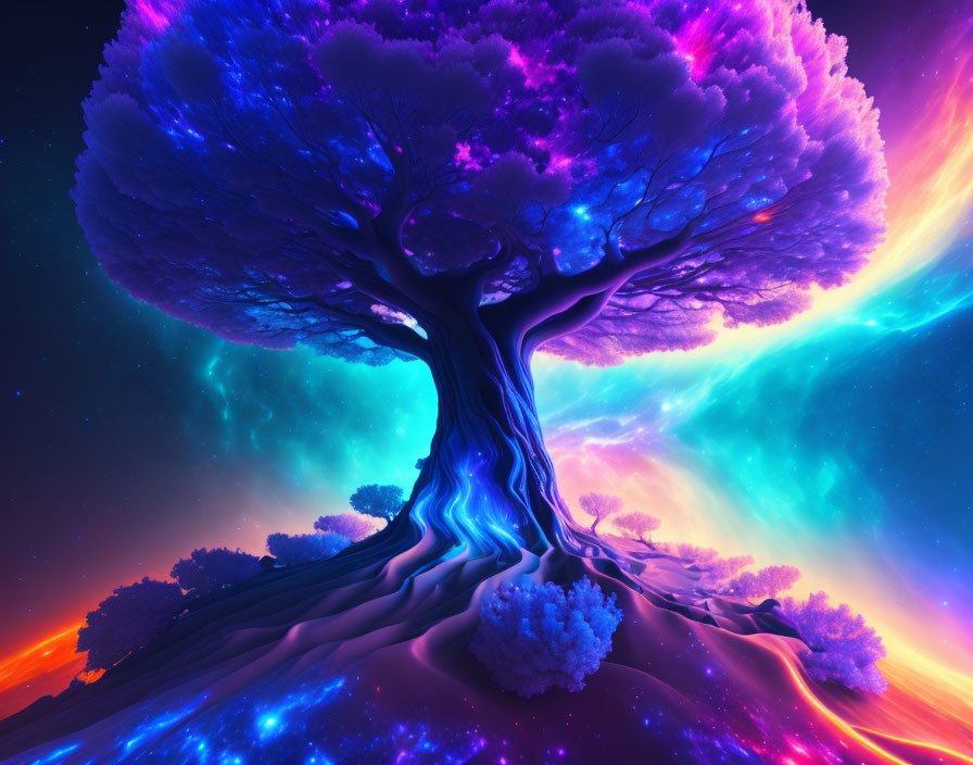 Colorful Digital Artwork: Neon Tree Against Cosmic Background