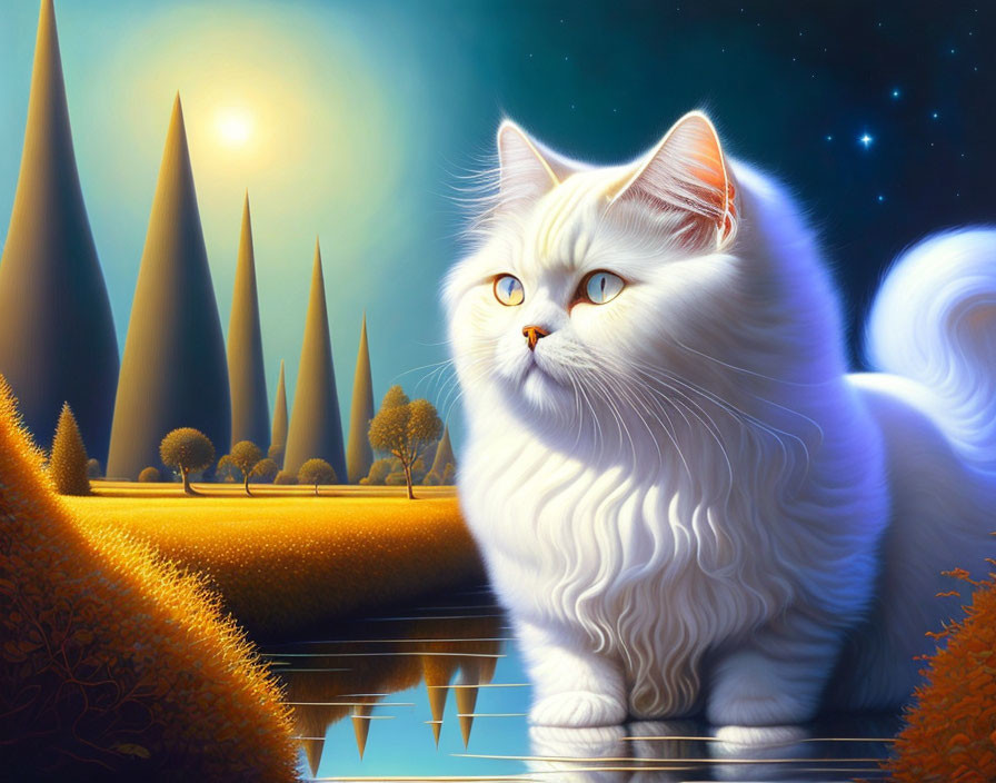 White Cat with Blue Eyes in Fantastical Landscape with Pointed Trees