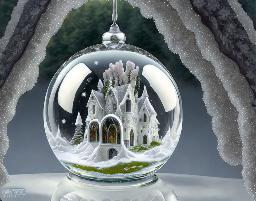 Miniature Winter Scene: Snowy Victorian House in Glass Globe