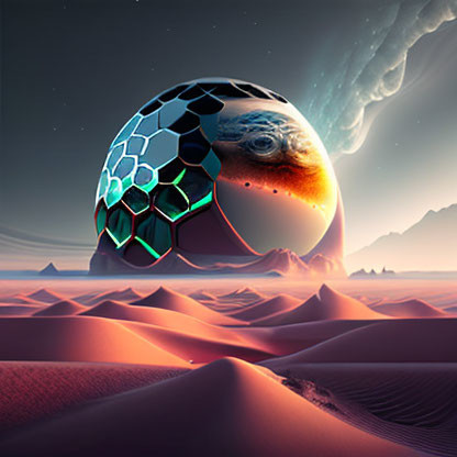 Surreal landscape with metallic sphere over sand dunes