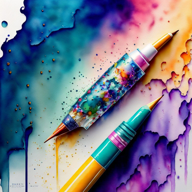 Colorful Pen with Blue, Purple, Yellow, and Pink Ink Splatters