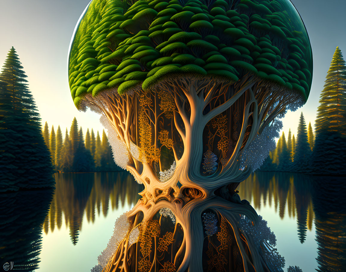 Intricate tree with neural-like branches in serene forest scene