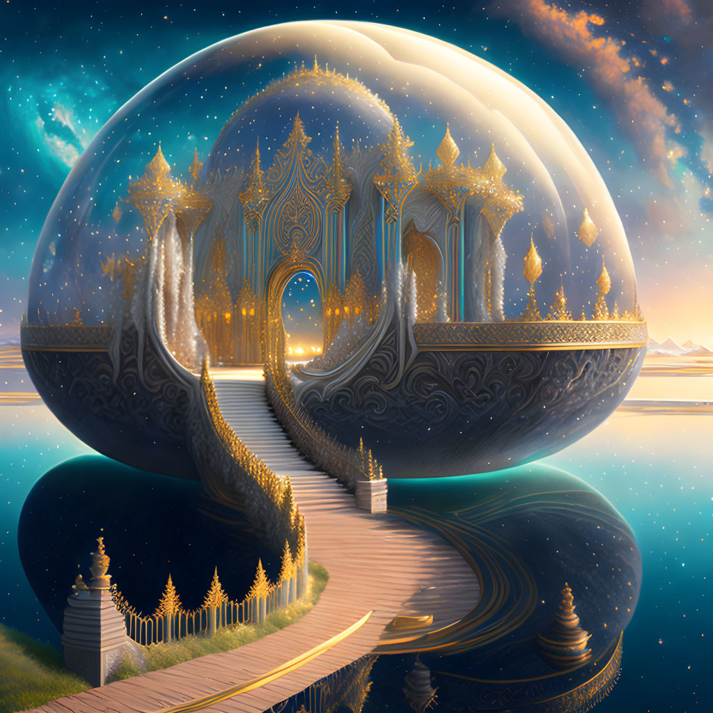 Fantasy architecture scene with glowing spherical palace, ornate bridges, and starry sky.
