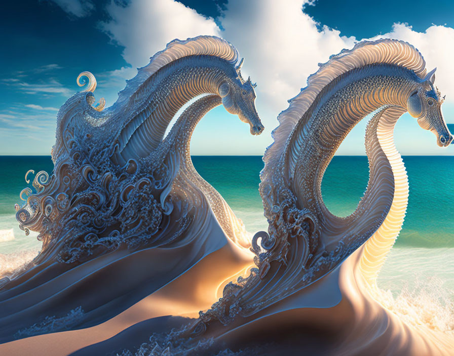 Ornate seahorse sculptures blending with ocean waves and clear sky