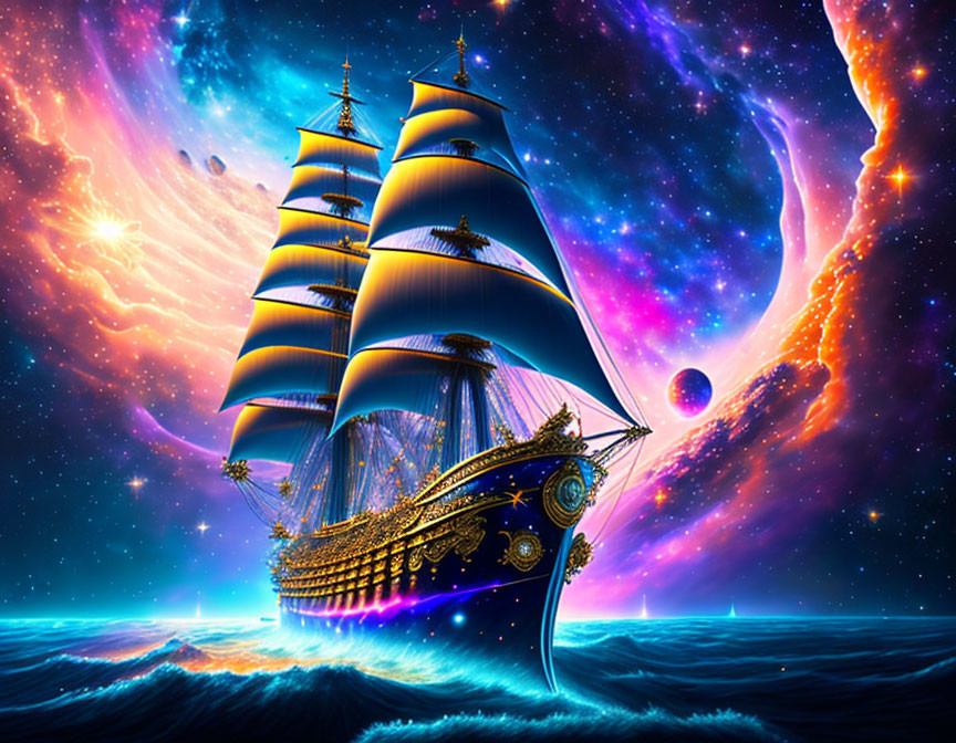 Elaborate gold-detailed sailing ship on cosmic sea