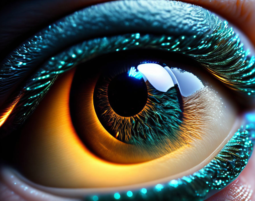 Detailed Close-up: Vibrant Human Eye with Teal Eyelashes and Golden Iris