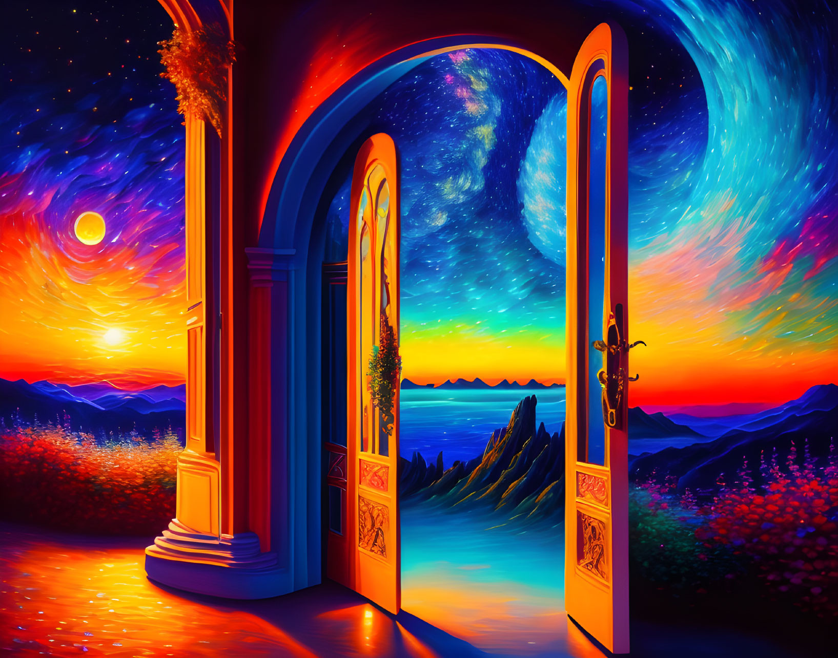 Double door reveals vibrant sunset over mountain galaxy.