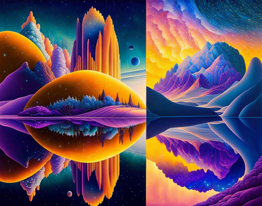 Digital artwork: Fantasy landscapes with mountains, lakes, alien skies, and day-night fusion