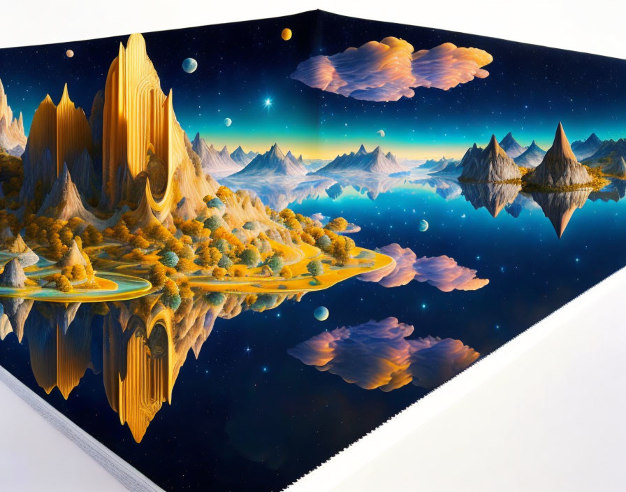 Vibrant surreal canvas print of floating islands and golden road