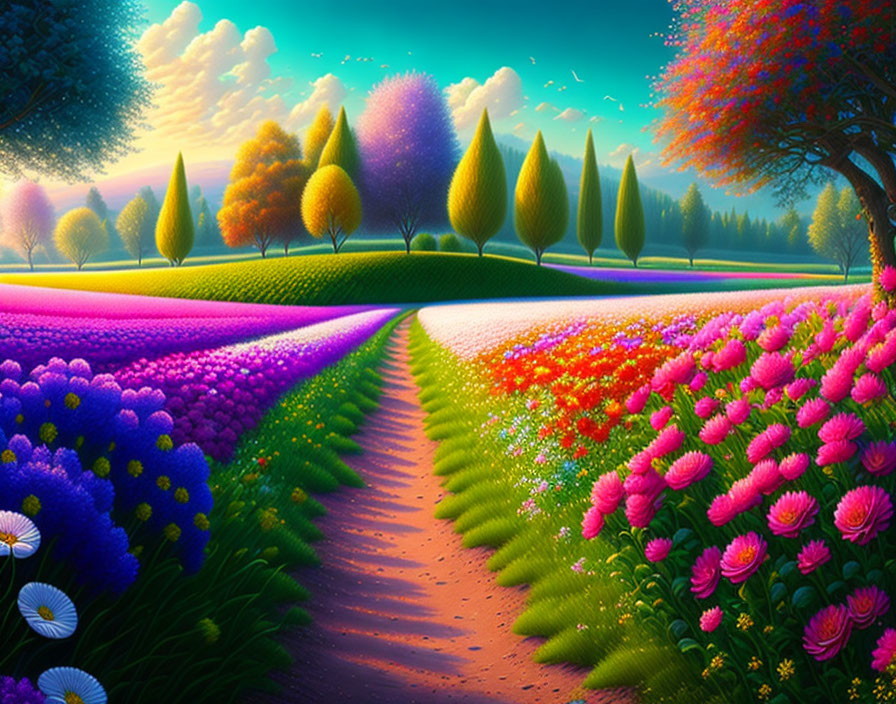 Colorful Blooming Flowers and Whimsical Trees in Vibrant Landscape
