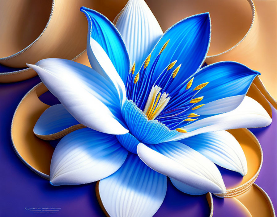 Vibrant digital art: Blue and white flower on warm-toned abstract backdrop