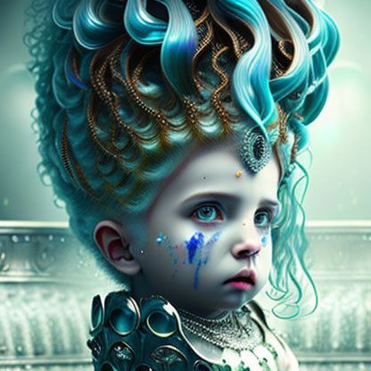 Elaborate teal hair child portrait with blue smudges on cheek