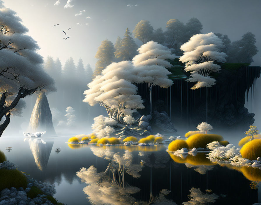 Mystical landscape: white trees, water reflections, rock formations, mist, birds.