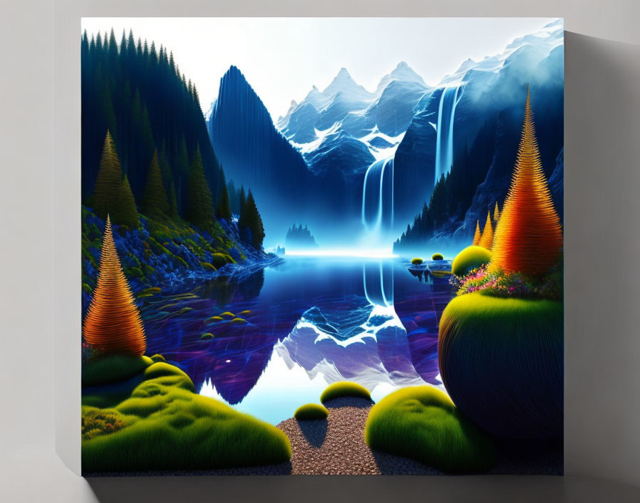 Mystical landscape with mountains and waterfalls in digital artwork