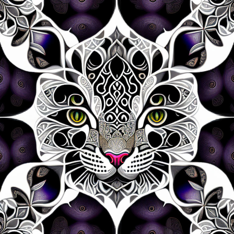 Symmetrical white tiger face with intricate patterns on purple background