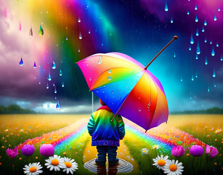 Child with colorful umbrella in vibrant meadow under multicolored rain and rainbows in stormy sky