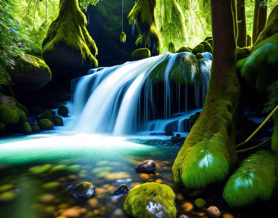 Tranquil waterfall scene with moss-covered rocks and lush greenery