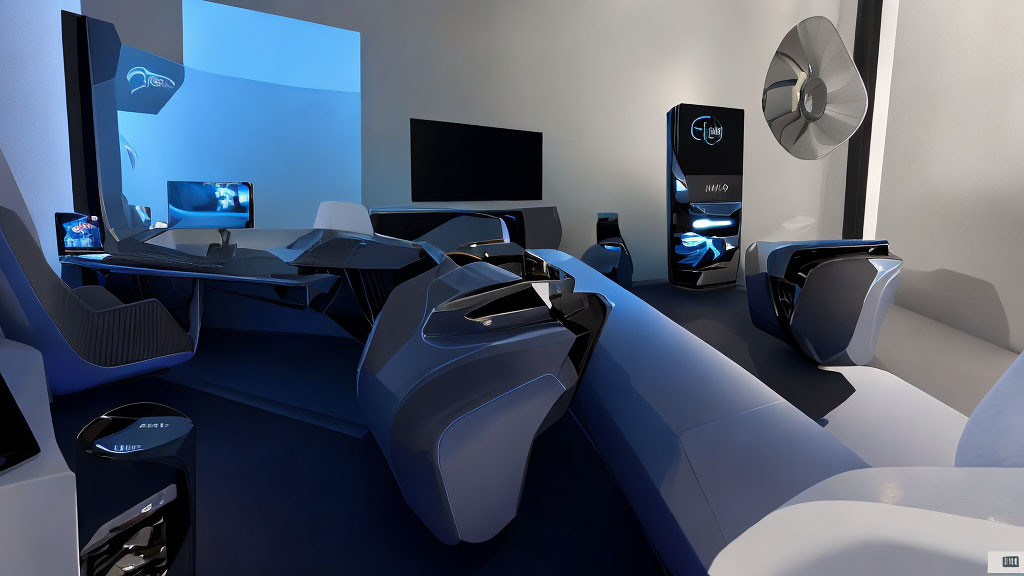Modern gaming room with multiple screens, ergonomic chairs, ambient lighting in blue and white.