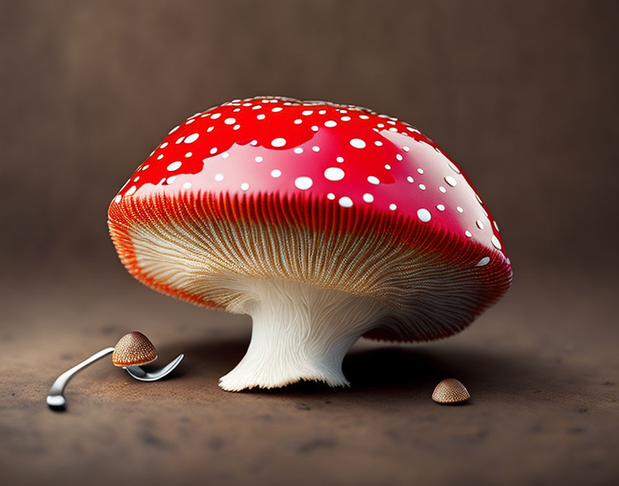 Red and White Spotted Mushroom with Rake and Background of Brown