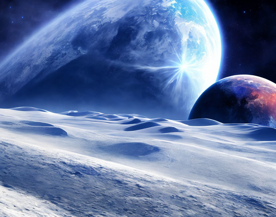 Futuristic landscape with Earth, moon, barren planet, hills, starry sky