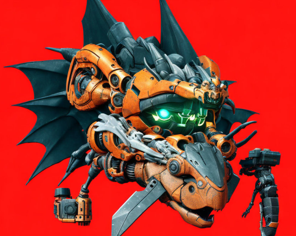 Detailed Mechanical Dragon Illustration with Glowing Green Eyes on Red Background