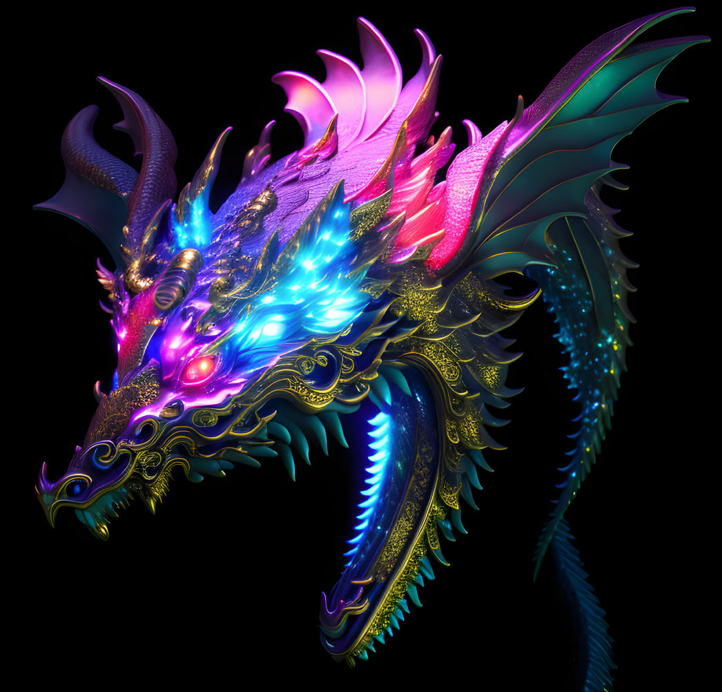 Colorful mythical dragon artwork with illuminated scales and golden details