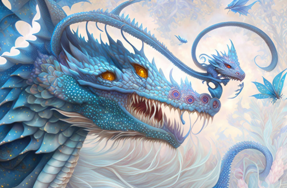 Blue Dragon with Horns and Flying Dragons in Floral Blue Scene