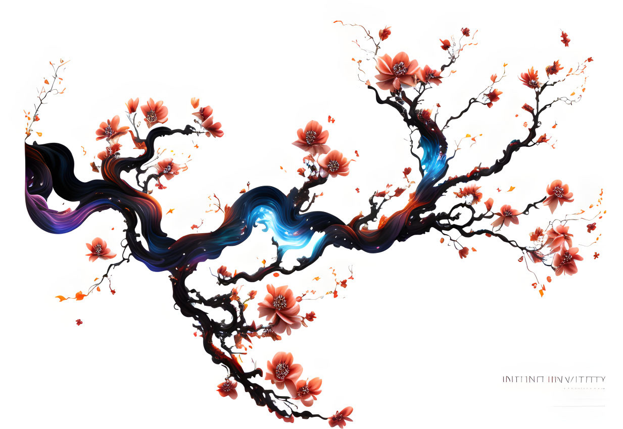 Colorful Abstract Art: Swirling Ribbon with Cherry Blossoms in Red and Orange on White Background
